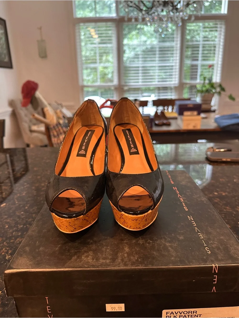 Steve Madden Black Patent Cork Wedge Pumps - Women
